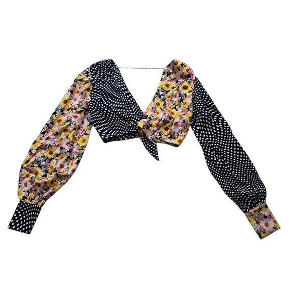 NWT For Love & Lemons Anya Crop Top Womens XS Black Yellow Floral Polka Dot Boho - Picture 1 of 12